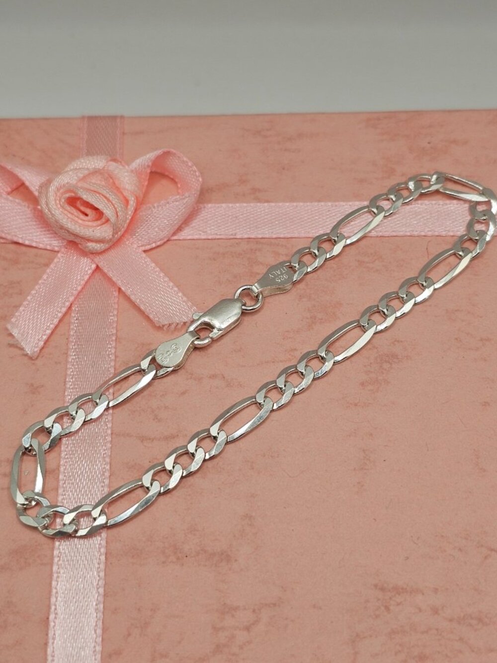 Sterling Silver 925 High Polished Super Flat Figaro Bracelet 4.7mm 7mm